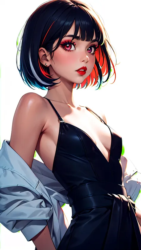 1girl, solo, above the waist shot, looking at viewer, white background, bob cut, short hair, multicolored hair, makeup, parted lips, red lips, eyeliner,