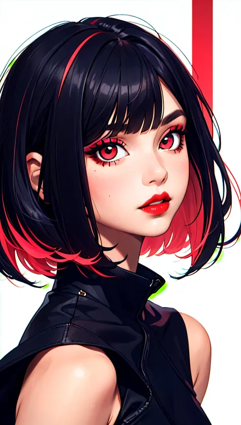 1girl, solo, above the waist shot, looking at viewer, white background, bob cut, short hair, multicolored hair, makeup, parted lips, red lips, eyeliner,