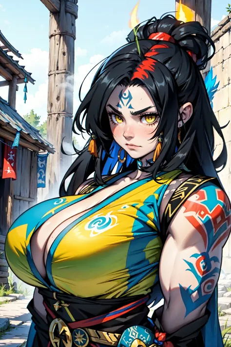 shaman girl shamanistic shamanism large breasts huge muscles black hair yellow eyes pale skin awestruck shaman shamanistic shamanism