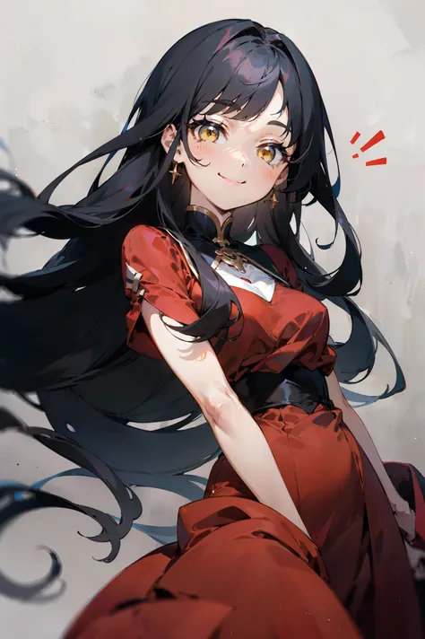 (one anime girl smiles), (  long black hair , ), (yellow eyes), (red dress) (The background is white)