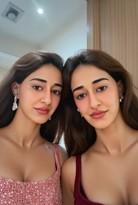 Realistic portraits of Ananya Pandey and Disha Patani both looking directly into the camera while smiling shyly. HD quality. 8K resolution. Both are standing next to each other and staring into the camera. Both having beautifully large breasts. Faces are c...