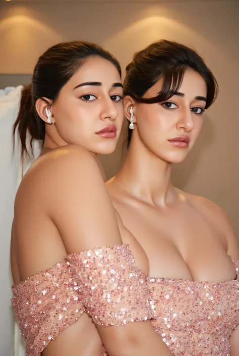 Realistic full body portraits of Ananya Pandey and Disha Patani both looking directly into the camera while smiling shyly. HD quality. 8K resolution. Both are standing next to each other and staring into the camera. Both having beautifully large breasts. F...