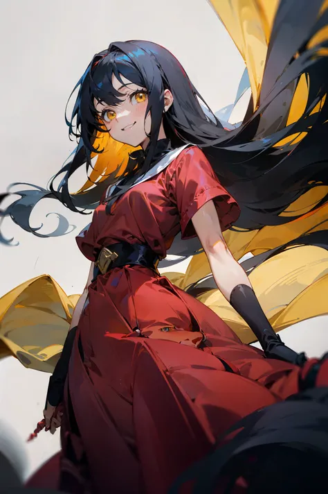 (one anime girl smiles), (  long black hair , ), (yellow eyes), (red dress) (The background is white)