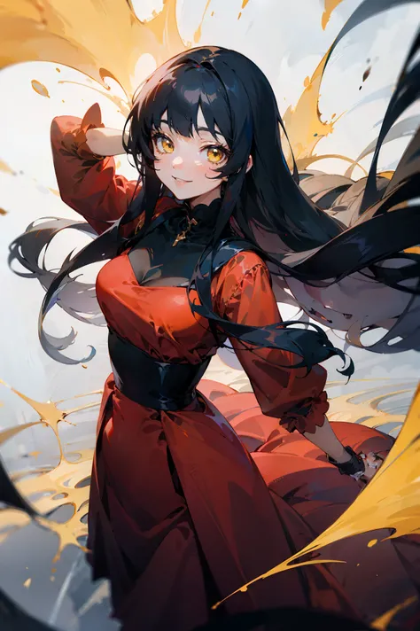 (anime girl smiling ), (  Long black hair , ), ( yellow eyes ), ( Red dress )