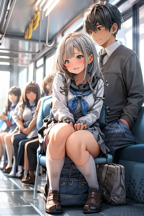  best quality, Masterpiece,  super high definition, (reality: 1.4),   original photo ,  One Girl, plump body,  mature, JK uniform in white , Happy smile, ,  crouching on the train seat,  Cinema Lighting, peeing, openLegs,