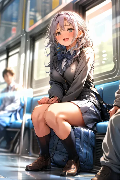  best quality, Masterpiece,  super high definition, (reality: 1.4),   original photo ,  One Girl, plump body, huge breasts,  mature, JK uniform in white , Happy smile, ,  crouching on the train seat,  Cinema Lighting, peeing, openLegs,