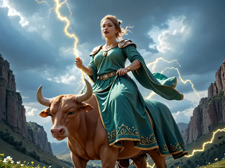 "An epic and realistic scene of a white bull abducting Europa. Europa, a beautiful woman dressed in a green Greek-style tunic, is riding the bull's back, with her arms around its neck. The scene is shrouded in electricity, with yellow lightning emanating f...