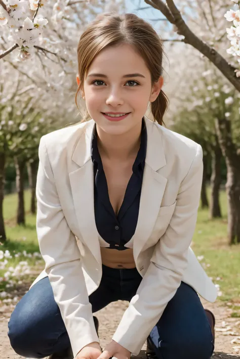 Masterpiece, Best quality, 8k, 18 ans, Photo brute, absurdes, Award-winning portrait, sourire, sourire, pure, french,spring, orchard in bloom, famous singer, cute, fit, healthy, lovely, posing, pony tail, blazer, bare breasts, kneeling 