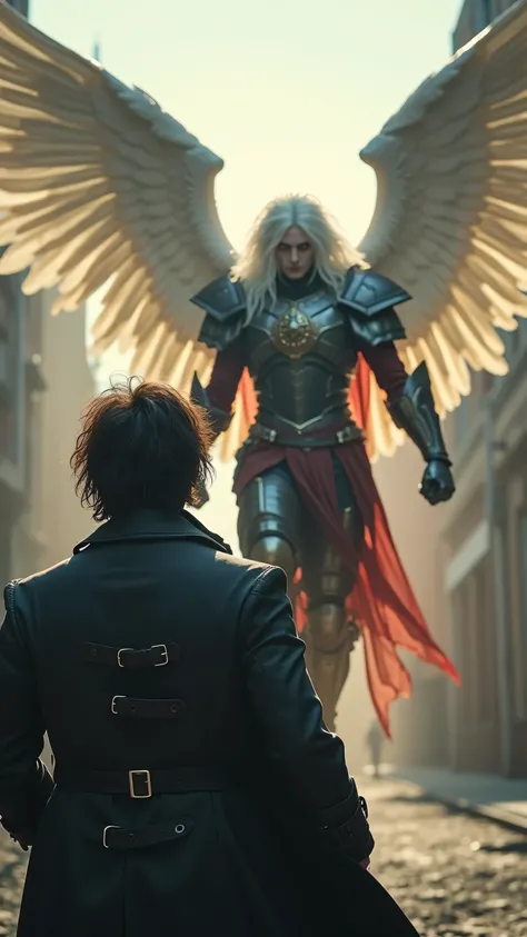 Archangel with long white hair  , eyes without the iris ,  completely shiny and luminous  ,  with wings 3x your size ,  wearing heavenly armor of dark plates and red fabric, flying holding a magic sword  ,  overcoat with his other arm raised and with his f...