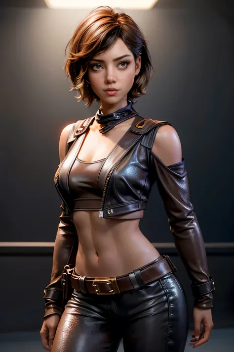Star Wars , short hair , brown eyes, confident, decided, firm stance, confident expression, female smuggler wears tight brown leather leggings with belt, composition epic character, natural lighting , sharp focus, ultra resolution .