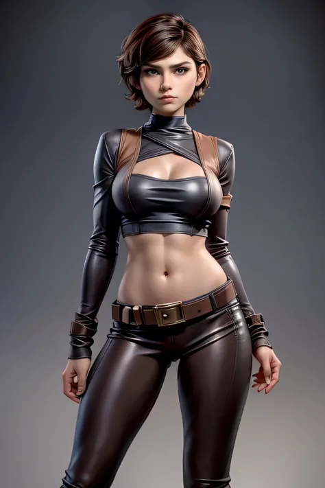 Star Wars , short hair , brown eyes, confident, decided, firm stance, confident expression, female smuggler wears tight brown leather leggings with belt, composition epic character, natural lighting , sharp focus, ultra resolution .