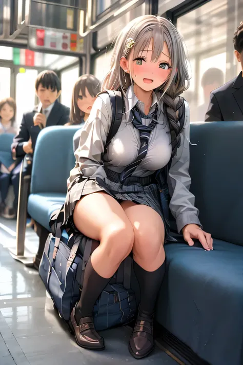  best quality, Masterpiece,  super high definition, (reality: 1.4),   original photo ,  One Girl, plump body, huge breasts,  mature, JK uniform in white , Happy smile, ,  crouching on the train seat,  Cinema Lighting, peeing, openLegs, chichibukuro, saggin...