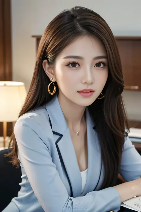 masterpiece、 best quality 、 real 、 very detailed on trends、 with finer details、High Resolution、8k wallpaper、1 beautiful woman、At the office、 Light Brown Disheveled Hair、 perfect dynamic configuration、 beautiful beautiful eyes、 Big Earrings 、 sitting on a c...