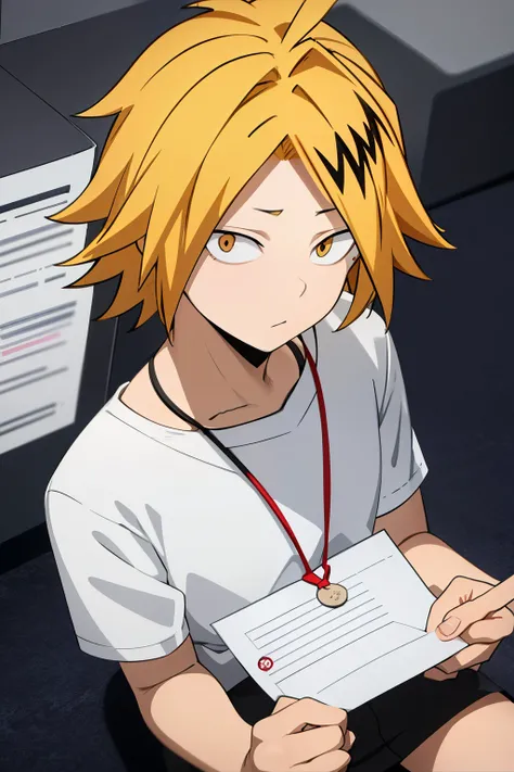   masterpiece  ,  envelopes  , anatomy, 1 , Alone,  man approaches  ,   looking at the lunar spectator ,  upper body , Kaminari_Thank you, blonde hair,  multicolor  _hair, shy, shy look ,  sitting on the floor 