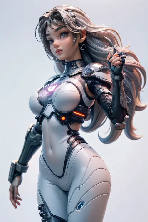 Young cyborg woman ,  cybernetic armor technology,  with a bare belly , for the wavy cut,  expression of happiness ,  top quality,  masterpiece , super detail,  lyrics,  natural lighting ,  plain white background , without patterns, No textures. 