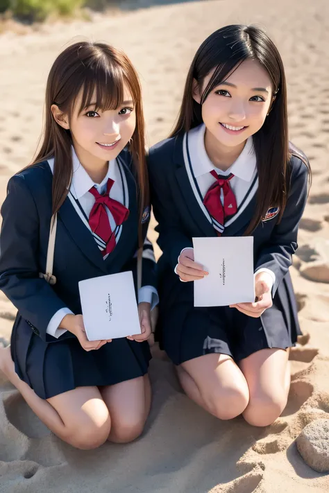 「diploma」Two young girlS holding blue folderS with letterS written on them,  RockS and Sand around （ Maeda Masao sitting in the sand holding a shovel ,  pixabay, creation,  Nara YoShitomo and Takano Aya  ,  S,  twinS ,   two JapaneSe SchoolgirlS poSing  , ...