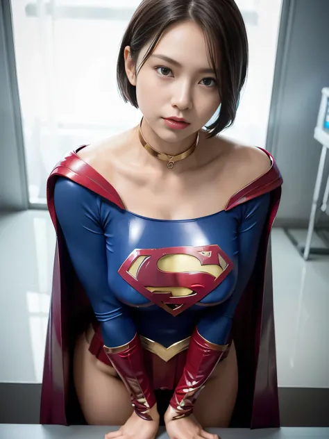 masterpiece、 latex supergirl costume 、 off shoulder、Ultra short hair、 big, rich breasts 、 shiny sweaty skin 、Look directly into the camera、 choker、Provocative cleavage、 Long Sleeve、Cape、Glamorous bare legs、 in front of laboratory equipment in hospital room...