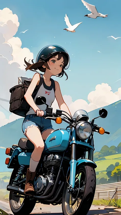 best quality 、(One Girl Vintage_ motorcycle riding)、 dark brown shortcut 、 he's wearing a jet helmet、 helmets have 、 black and white lines running back and forth in the center .。.、 white tank top、 pink rider jacket 、 denim shorts、 white knee-high socks 、 ...