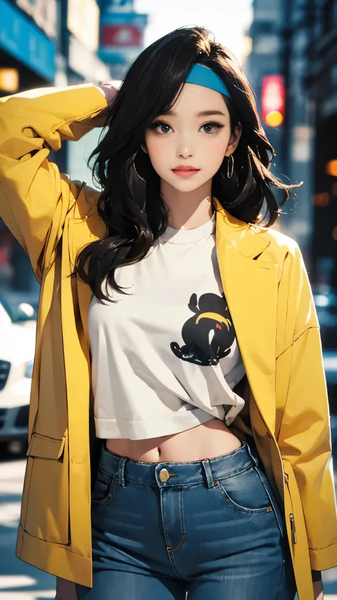 (masterpiece, best quality), beautiful woman, cute printed cropped shirt, jacket, jeans, short wavy hair, headband, asymmetrical bangs, perfect face, beautiful face, alluring, big gorgeous eyes, soft smile, perfect slim fit body, city streets, seoul, brigh...