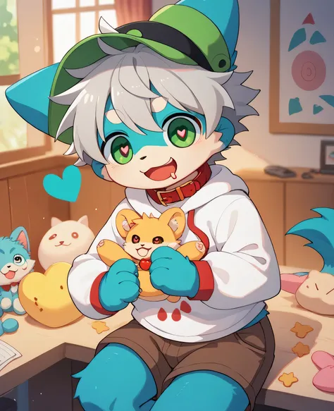  very detailedな, very detailed, blue fur gray hair,,male,骨を見てexcitedする, heart eye,participate, red collar, green white and colored hat, cute face, fluffy fur like one,excitedする,Horny boy,Beautiful room, 's room ,Smiling face,Dropped ears, let's play with t...