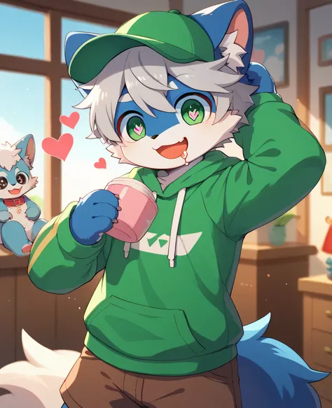  very detailedな, very detailed, blue fur gray hair,,male,骨を見てexcitedする, heart eye,participate, red collar, green white and colored hat, cute face, fluffy fur like one,excitedする,Horny boy,Beautiful room, 's room ,Smiling face,Dropped ears, let's play with t...