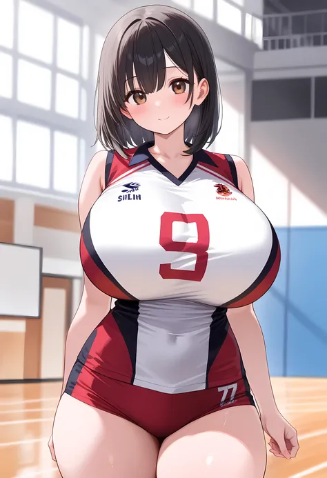 (ultra detailed), cowboy shot,(1 Girl),(Red volleyball uniform),( huge breasts ),( big thighs ),  black hair,  Medium Hair, brown eyes, school gymnasium,(super detail, high details,  highres, 8k, best quality, masterpiece, extremely detailed CG, clear, ult...