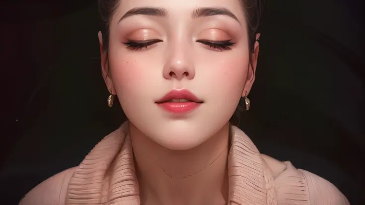 Amazing portrait of a woman who is 30 years old and an adult and a sexy woman with her eyes closed and her mouth open with a very deep blush and the tip of her nose is red having a long neck emphasised by her off shoulder pink sweater showcasing her medium...