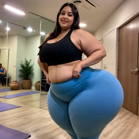 a stunning young bbw Colombian mother, she has a beautiful pear-shaped body with impressive curves. she is wearing form-fitting, vibrant yoga pants and tank tops that accentuate her fuller figure, particularly her voluptuous hyper bottom heavy half and thi...