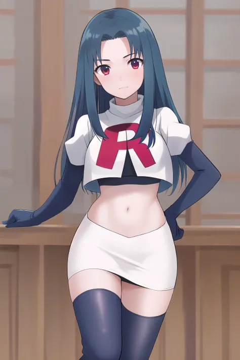 masterpiece, best quality, highres, 1girl haruka hasebe blue hair, schoolteam rocket,team rocket uniform,white skirt,red letter R,crop top,black thigh-highs,black elbow gloves