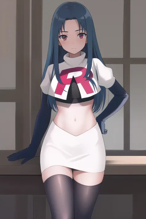 masterpiece, best quality, highres, 1girl haruka hasebe blue hair, schoolteam rocket,team rocket uniform,white skirt,red letter R,crop top,black thigh-highs,black elbow gloves