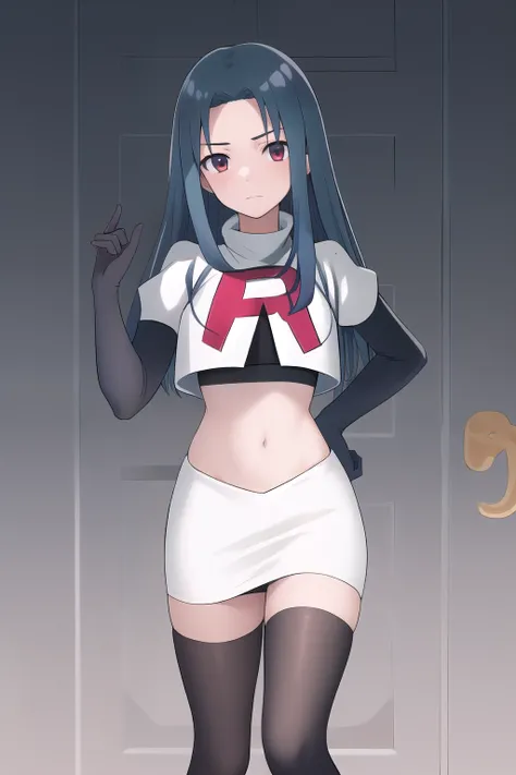 masterpiece, best quality, highres, 1girl haruka hasebe blue hair, schoolteam rocket,team rocket uniform,white skirt,red letter R,crop top,black thigh-highs,black elbow gloves