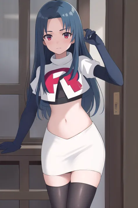 masterpiece, best quality, highres, 1girl haruka hasebe blue hair, schoolteam rocket,team rocket uniform,white skirt,red letter R,crop top,black thigh-highs,black elbow gloves