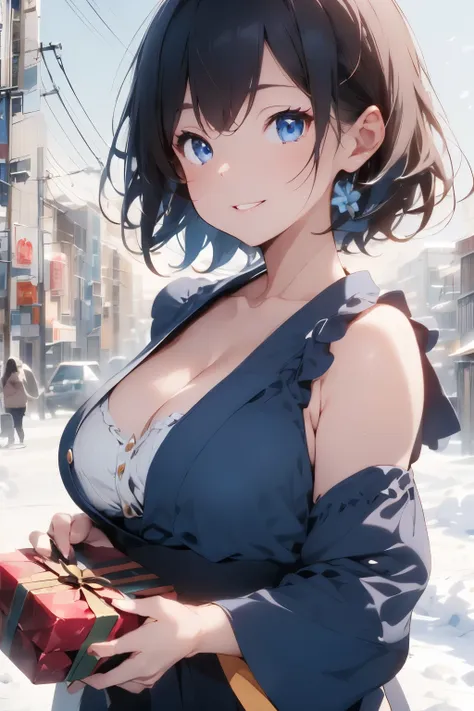 ((Top Quality)), ((Amazing)), (Details),((Japanese)),Young Girl, ((Valentine's Day)),Ultra-Realistic,Stunning Environment,Vivid Colors,Black Hair,(Short Hair Style),Upper Body,((Snowy City)), ((Blue Eyes)),Dress,((Highlights Cleavage)),Night,((Medium Bust)...