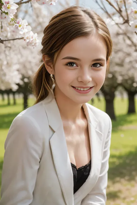 Masterpiece, Best quality, 8k, 18 ans, Photo brute, absurdes, Award-winning portrait, sourire, sourire, pure, french,spring, orchard in bloom, famous singer, cute, fit, healthy, lovely, posing, pony tail, blazer, bare breasts, sexy pose, happy smile