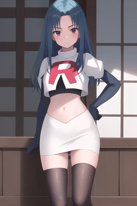 masterpiece, best quality, highres, 1girl haruka hasebe blue hair, schoolteam rocket,team rocket uniform,white skirt,red letter R,crop top,black thigh-highs,black elbow gloves