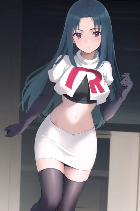 masterpiece, best quality, highres, 1girl haruka hasebe blue hair, schoolteam rocket,team rocket uniform,white skirt,red letter R,crop top,black thigh-highs,black elbow gloves