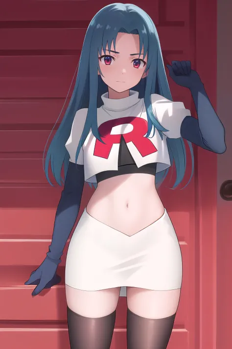 masterpiece, best quality, highres, 1girl haruka hasebe blue hair, schoolteam rocket,team rocket uniform,white skirt,red letter R,crop top,black thigh-highs,black elbow gloves