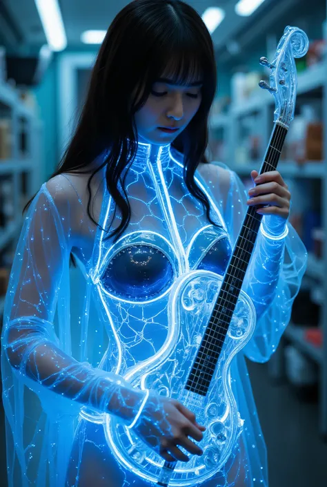 ((A blind monk playing a biwa :2.0)),(( a blind monk playing a biwa :2.0)),((((Play a cyberpunk-style four-string instrument:2.0)))),(((boatswain: Temple of the Wind :2.0))),((( HR Giger style cyberpunk atmosphere:2.0))),((whole body:2.0)), one woman ,( cu...