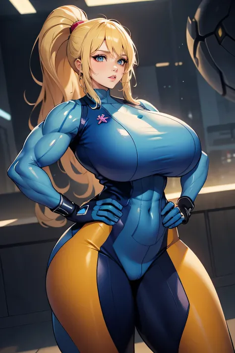 masterpiece, best quality, 1girl, (neoartcore:0.25), high quality cg defsamus, blonde hair, bodysuit, blue clothes, blue gloves, ponytail, cowboy shot, hand on hip, looking to the side, futuristic, large breasts, muscular