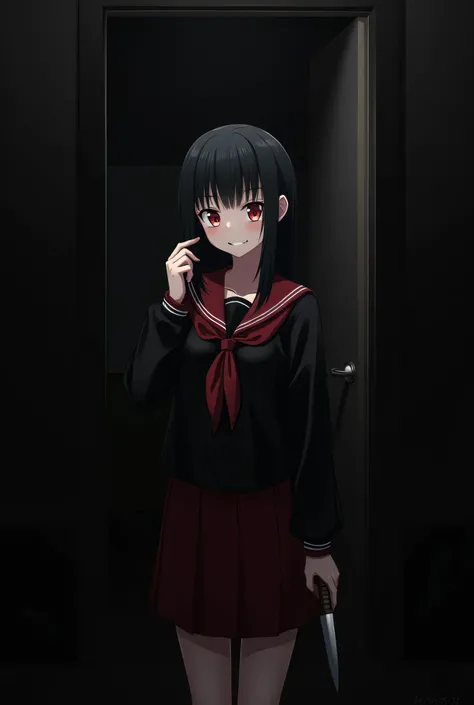 Single woman, dark apartment,Observing hidden,  Black-haired woman,  Back-length hair,  porcelain skin, Ojos rojos, anime,  smile Yandere, Disturbing smile,  knife in hand, Hands close to the face,black and red sailor school suit,