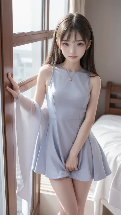  big eyes、Beautiful breasts、 beautiful eyes、 slender body line、 beautiful waistline、((Super cute girl、 elementary school student、 petite figure、Young Face、Baby Face、Idol))、(((Neat and thin dress :1.2)))、nice hair 、 Silver Hair、９From head to body、Naughty sm...