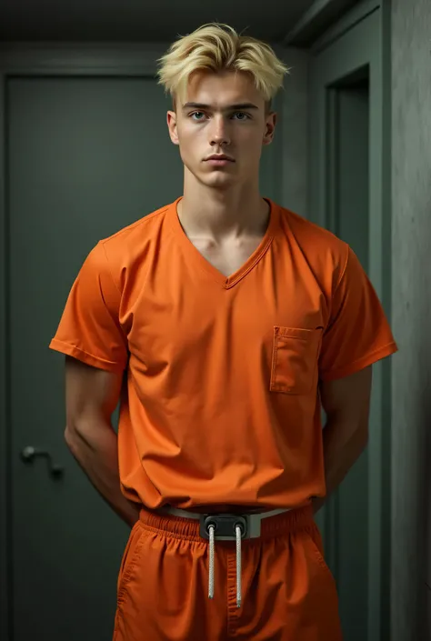 19-year-old male male man hands behind his body not showing on camera,high, a bit strong with a cracked abdomen,defined and serious face , Very well-groomed blond hair divided into 2 thrown one on each side ,  Green Eyes Pants, orange prisoner's clothing, ...