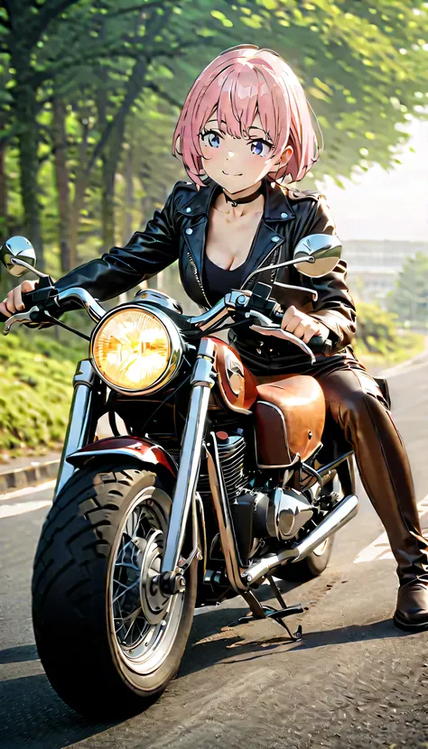 (Highest quality, 4K, 8k, High resolution, masterpiece:1.2), Very detailed, Picturesque, Anime-style photos, Photo animation:1.37)、Japanese、(Pink Hair)、(Pixie Cut)、smile、Black choker、leather jacket、Leather pants、Riding a vintage motorcycle、whole body、Nakan...
