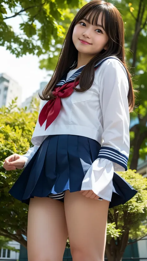 highres, ultra detailed, photorealistic, very low angle shot, 1 beautiful japanese girl, highly detailed beautiful face, medium hair, beautiful legs, light smile, high school uniform, sailor suit, standing, (from below:1.4), in the park