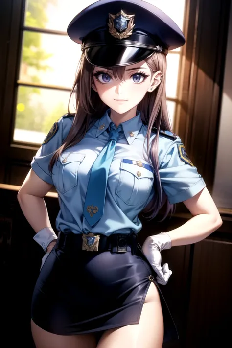 ((( dynamic images)))、((Impactful images))、((( face best quality)))、masterpiece、 high resolution、8k highest quality、 realistic details 、female 1 person、 long dark hair、 silky hair、Brown piercing eyes、 charming eyes、Police Officer、Police Officerの制服を着用、日本の女性...