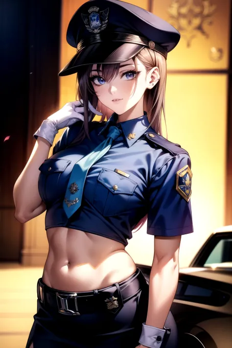 ((( dynamic images)))、((Impactful images))、((( face best quality)))、masterpiece、 high resolution、8k highest quality、 realistic details 、female 1 person、 long dark hair、 silky hair、Brown piercing eyes、 charming eyes、Police Officer、Police Officerの制服を着用、日本の女性...