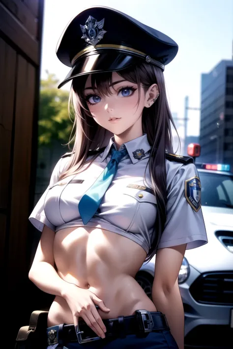 ((( dynamic images)))、((Impactful images))、((( face best quality)))、masterpiece、 high resolution、8k highest quality、 realistic details 、female 1 person、 long dark hair、 silky hair、Brown piercing eyes、 charming eyes、Police Officer、Police Officerの制服を着用、日本の女性...