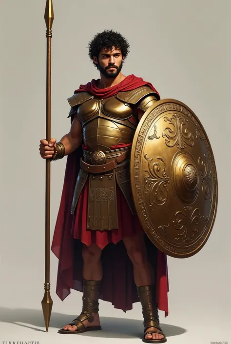  Greek warrior with spear, realistic armor, shield, curly hair, Beard but that you can see your full body and weapons and that you are young