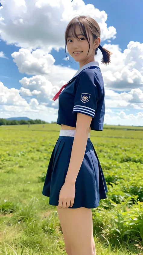 girl standing in rural field,cumulonimbus cloud in summer blue sky,,sailor shirt and ultramini skirt,18-year-old,bangs,a little smile,thighs,knees,wet short hair with low pigtails bunches,from beside,front light