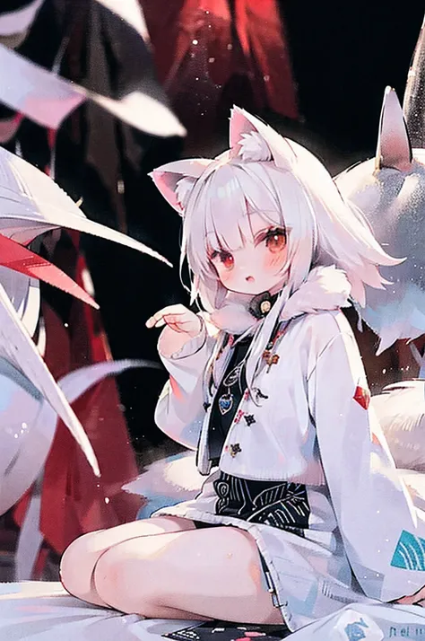 White hair, red eyes, long hair, Arctic fox ears, Arctic fox tail